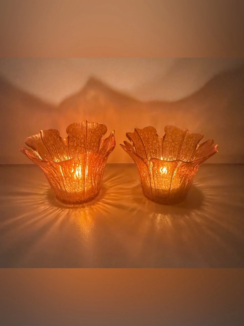 Amber Glass Leaf-Edge Votive Holders – Pair